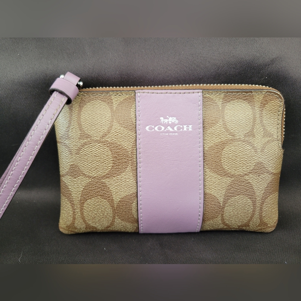 Coach Tan and Purple Signature Wristlet - Picture 1 of 5
